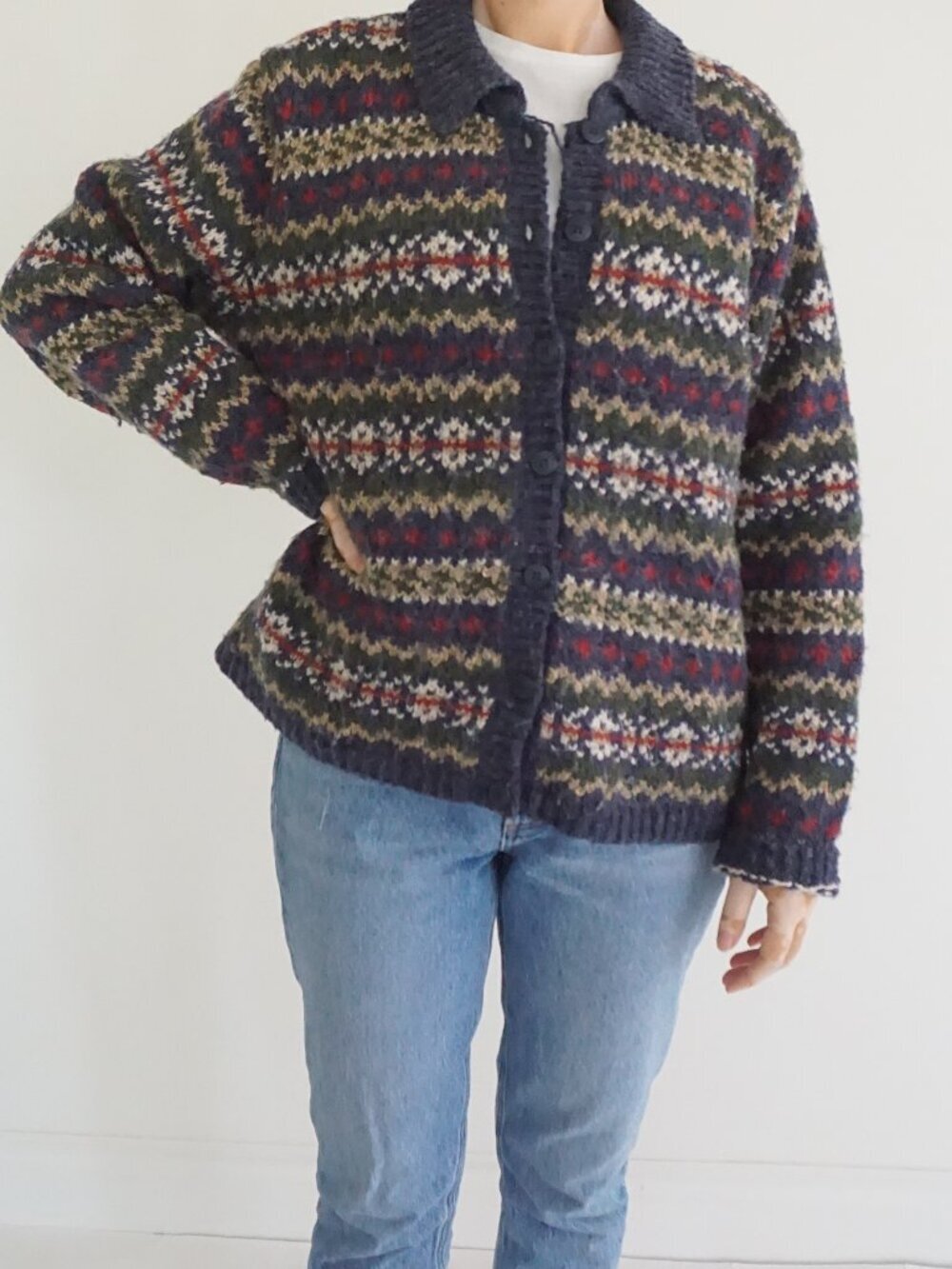 Vintage Croft & Barrow Navy Fair Isle Nordic Button Textured Knit Cardigan L